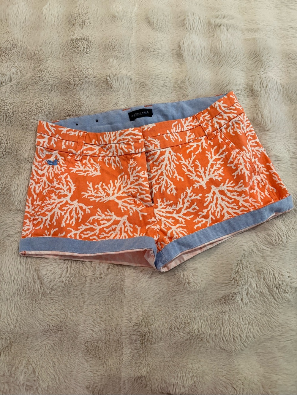 Southern Marsh Orange Coral-Print Jean Shorts with Light Blue Trim